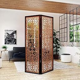 Alif Krafts Wooden Laser Partition Screen || Room Divider Traditional Laser Wooden Stand || Separator for Livingroom Bebroom || Balcony Divider Panel || Brown 2 Panels-image-14