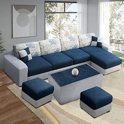 FURNY Florida 8 Seater Fabric RHS L Shape Sofa Set with Centre Table & 2 Ottoman (Blue & Light Grey)-image-76