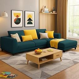 FURNY Mino 4 Seater Fabric RHS L Shape Sofa Set (Teal Fabric Color)-image-5