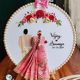 Lazy Crafts South Indian Bengali Traditional Handmade Wedding Hoop With Calendar and Saree | Unique Anniversary Gift, Engagement Gift for fiance, Wedding Gift | Embroidery Frame, Couple Gift (10 Inch)-image-72