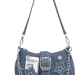 Chic Shoulder Bag for Girls Canvas Handbag with Chain Charm Small Hobo Bag Stylishly Sweet Y2K Star Patchwork Letter Printed Handbag Casual Small Shoulder Bag Zipper Bag, 23x7x13cm, Blue-image-35