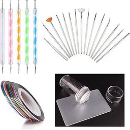 MAPPERZ 15 Pieces Nail Art Brush Set for Detailing, Striping, Blending, 10 Rolls Self Adhesive Nail Striping Tape Line, 5 pc 2 Way Dotting Pen Tool For Nail Art, 1 Nail Art Clear Silicone Stamper-11