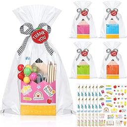 Pasimy 108pcs Teacher Appreciation Gift Box Set includes 24 Pen Shape Gift Baskets 24 Clear Plastic Bags 24 Ribbon 24 Gift Tags 12 Sheets Stickers for Thank You Teacher Students-image-10