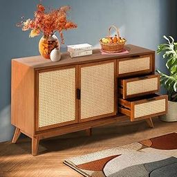 RODIWAL Mid-Century Modern Cane Sideboard with 2 Doors and 3 Drawers, 81.3 cm H x 147.3 cm W x 43.2 cm D, Wooden Storage Cabinet (Hony)-image-44