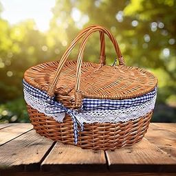 Picnic Basket Rural Practical Wicker Storage Hamper for Park Outdoor Parties Blue Plaid-6