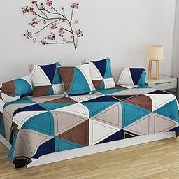 100% Cotton Feel Geometric Printed Diwan Set Covers 6 Pieces - 1 Single Bed Sheet (60 X 90) with 3 Cushion (16 X 16), 2 Bolster Covers (16 X 32) - Multicolor Geometric-5
