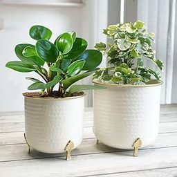 BEHOMA Metal Hammered Leaf Leg Planter Set of 2 (Large & Small), 7.2” & 6.2” White Planter with Golden Trim, Modern Indoor Outdoor Decor Balcony Living Room Table Decor Gifting (Plant not Included)-7