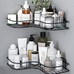 Metal Multipurpose Bathroom/Kitchen Corner Storage Organizer Wall Mounted Rack Shelf Shower Caddy (No Drilling - Shelf Adhesive) Bathroom Accessories Storage Rack (Black, Pack of 1) (Black)-19