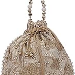 Heart Home Silk Embroidered Women Potli Bag (Cream) - CTHH11293-48