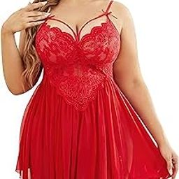 Plus Size Lingerie Lace Babydoll Womens Strap Chemise Nightgown V Neck Nighty Mesh Sleepwear Side Slit Nightdress with G-Sting Panty-image-13