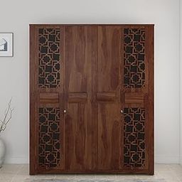 Spacewood Artisan 4 Door Wardrobe | Sheesham Wood Finish | Engineered Wood Almirah with 2 Lockable Drawers & 2 Hanging Spaces | Bedroom Cupboard Almari | 3-Year Warranty-3