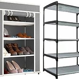 EXPOSURE 4 Layer Multipurpose Metal Pipes Non Woven Cover and Shelf with Single Connector Collapsible Shoe Rack (Grey)-image-1