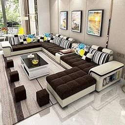 Woodsfreak Luxurious Day Bed Designer Sofa Living and Dining Hall Nylon U Shape Sofa Set 3, 2, 2, Corner, 4 Pease Puffy, Dewan, Standard Size (Brown and Cream)-image-70