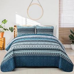 WONGS BEDDING Boho Queen Quilt Set, Blue Bohemian Queen Quilt Bedding Set, Lightweight Microfiber Bed Decor Bedspread for All Season 96"x90"(3 Pieces)-picture-15