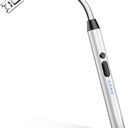 AJIJING Electric Lighter, Candle Lighter with Safty Lock, USB Type-C Port, Windproof Flameless Arc Lighter, Rechargeable Lighter with Led Battery Display (Silver)-3