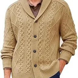 ftk Men's Cable Knit Shawl Collar Cardigan Sweater with Buttons for Autumn and Winter-picture-7