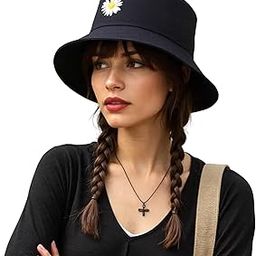 Daisy Bucket Hat - Bucket Hat Daisy Flower Embroidered Beach Summer Cap, Sun Protection Outdoor Hats for Women and Men Black-12