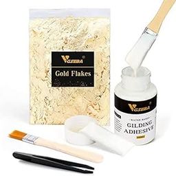 Combo Gold Leaf (100) + Leafing Glue (50ml) (Combo Pack) 3.15" by 3.35" Gilding Foil Gold Foil Paper for Paintings Arts Crafts, Calligraphy Nail Deco,Furniture-12
