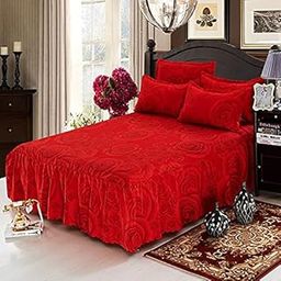 Zhiyuan California King Size Bed Skirt Set Rose Ruffle Bed Sheet Red Bedspread and 2 Pillow Shams-image-42