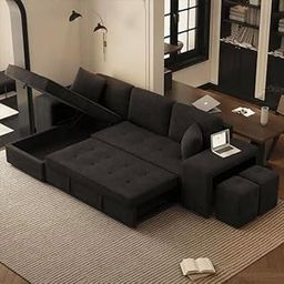 Eiraluxify UrbanoFlex 5?Seater Sofa Cum Bed with Storage � L?Shape Pull?Out Convertible Sofa with Side Stools & Work Table (Black, LHS)-image-26