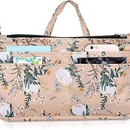 BTSKY Printing Handbag Organizers Inside Purse Insert -- High Capacity 13 Pockets Bag Tote Organizer with Handle (White Flower)-image-18