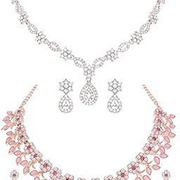 Stylish Designed Rose Gold & Silver Polish AD Stone Studded Choker Necklace Jewellery Combo set with Matching Pair of Earrings for Women and Girls-image-12