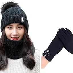 Women's Knit Scarf Beanie Hat and Bow Gloves 3PCS Set in 1 Fleece Lined Pom Skull Cap Scarves Soft Warm Winter Gift Set (Black, Freesize)-image-10