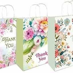 Omnipresent Pack Small Floral Printed 90 GSM Thank You Paper Gift Bags Combo, Set of 12, Ideal For Birthday Gift, Return Gift Bags, Office Party, Corporate Gifting & Get Together (Size:9.4x7.9x3 inch)-image-44
