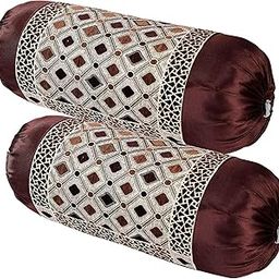 Luxury Chennile Velvet Bolster Covers, Set of 2 Diwan Set |Printed Bolster Pillow Covers Throw Bolster Covers| Booster Covers, 32x16 Inches, Coffee-image-47