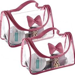 Heart Home Toiletry Kit|PVC Bow Design U Shape Chain Makeup Pouch for Woman|Transparent Waterproof Cosmetic Organizor with 30 mm Handle|Pack of 2 (Peach)-image-13
