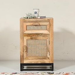 Mango Wood Bedside Table with Cane Doors, Metal Base, Natural Finish-image-59