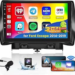 Roinvou 2+64G Android CarPlay Stereo for 2014-2019 Ford Escape, Built-in Wireless CarPlay Radio with Android Auto, 9'' Touch Screen in-Dash GPS Navigation Support Mirror Link BT FM RDS AHD DSP-28