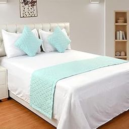 200 TC Quilted Velvet Bed Runner Scarf with Matching Cushion Covers/Slipcovers| Luxurious Decorative Bed Linen Set| Perfect for Bedroom, Hotel or Guest Rooms Bedding (Sea Green)-image-36