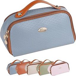 SHOPPOFOBIX Makeup Pouch for Women, Litchi PU Leather Makeup Pouch for Women, Large Capacity Cosmetic Travel Bag, Portable Makeup Kit Storage Bag with Handle and Two Divider (Light Grey)-image-93