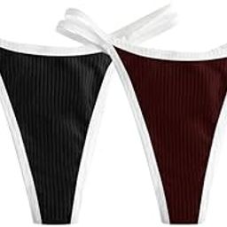 Women's Triangle Bikini Double Straps Tie Side String, Comfortable Cotton Fabric Double Strap Bikini (Pack of 2) Black-Maroon-image-5