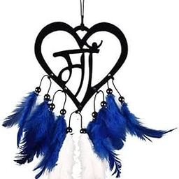 WOODEN ART DECO Maa Heart White and Blue Colour Feathers Car Hanging Mirror Décor Dream Catcher Positive Vibes Balcony, Gift, Vehicle, Wind Chimes-image-2