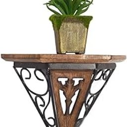 F.a.a enterprises Decorative Wall-Mounted Corner Shelf, Wooden and Metal Scroll Design Wall Bracket Shelf/Rack Triangle Shape with Plant Stand-image-6