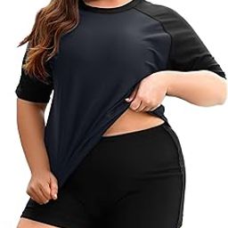 Two Piece Women Plus Size Rash Guard Short Sleeve Swim Shirts and Shorts UPF 50+ Rashguard Swimsuit-picture-15