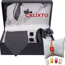 Men's Premium Accessories Gift Set Necktie, Pocket Square, Cufflinks, Lapel Pin & Rakhi with Roli Chawal – Perfect Gift Hamper for Raksha Bandhan-image-39