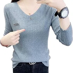 icw Women Knitted Ribbed V-Neck Long-Sleeves Pull Over Sweater Top T-Shirt Dn76-picture-11
