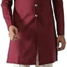 Men's Indo-Western Sherwani Churidar Set, Maroon Cotton Blend, Solid Dyed Regular Fit Mandarin Collar Long Sleeves-image-79