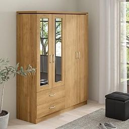 taxzek Wardrobe | 1 Year Warranty | Engineered Wood Almirah, Cupboard for Clothes Storage | 4 Door, 2 Mirror, 2 Drawer, 2 Hanging Space | Multiple Adjustable Shelves ( Natural Teak Colour-16
