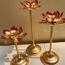 AGAAS ENTERPRISES Beautiful Set Of 3 Metal Long Lotus Style Tealight Candle Holder/Tlight Holder For Home Decoration/Table Decoration Diwali Decor Corporate Gift Item, Gold-image-14
