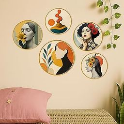 Decorative Round Wall Hanging Set of 5 Abstract Women Botanical Face Art Theme Wall Decor for Living Room Bedroom Office Cafe with Golden Border Frame Modern Minimal Contemporary Design-image-61