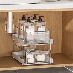 JD FRESH 2 Tier Under Sink Organiser/Clear Bathroom Cabinets/Vanity Countertop Storage Container/Medicine Cabinet/Drawers Bins/Pull-Out Organization with Track for Pantry/Kitchen/Office-54