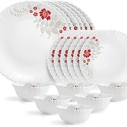 Cello Opalware Dazzle Series Scarlet Bliss Dinner Set, 18 Units | Opal Glass Dinner Set for 6 | Light-Weight, Daily Use Crockery Set for Dining | White Plate and Bowl Set-110