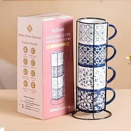 Nestasia Stackable Ceramic Cups Set of 4 (200 ml) | Microwave & Dishwasher Safe Tea & Coffee Mugs with Glossy Finish | Ideal for Gifting (Floral Blue)-21