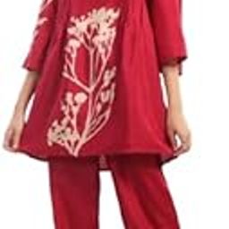 Women's Red Printed Russian Silk Co-ord Set-image-18