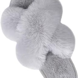 Women's Cross Band Slippers Soft Plush Furry Cozy House Shoes Fluffy Open Toe Indoor Outdoor Rabbit Fur Warm Comfy Slip On Breathable for Winter Spring Grey 7-8-image-11