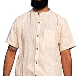 Men's Cotton Linen Short Sleeve Kurta Indraja Shirt, Mandarin Collar, Traditional Indian Style, Casual Summer Wear-image-59